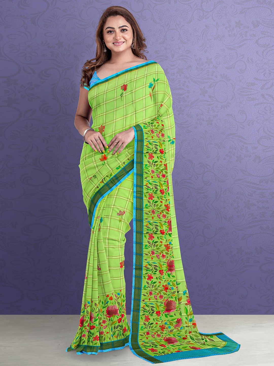 

Kalamandir Green & Red Checked Zari Silk Blend Saree