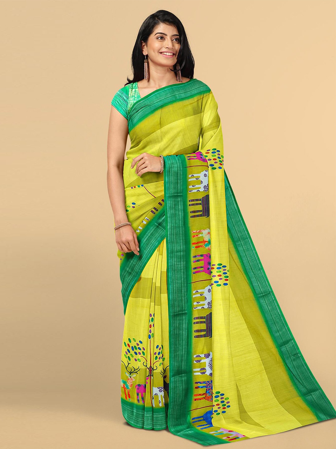 

Kalamandir Green & White Printed Zari Linen Blend Saree