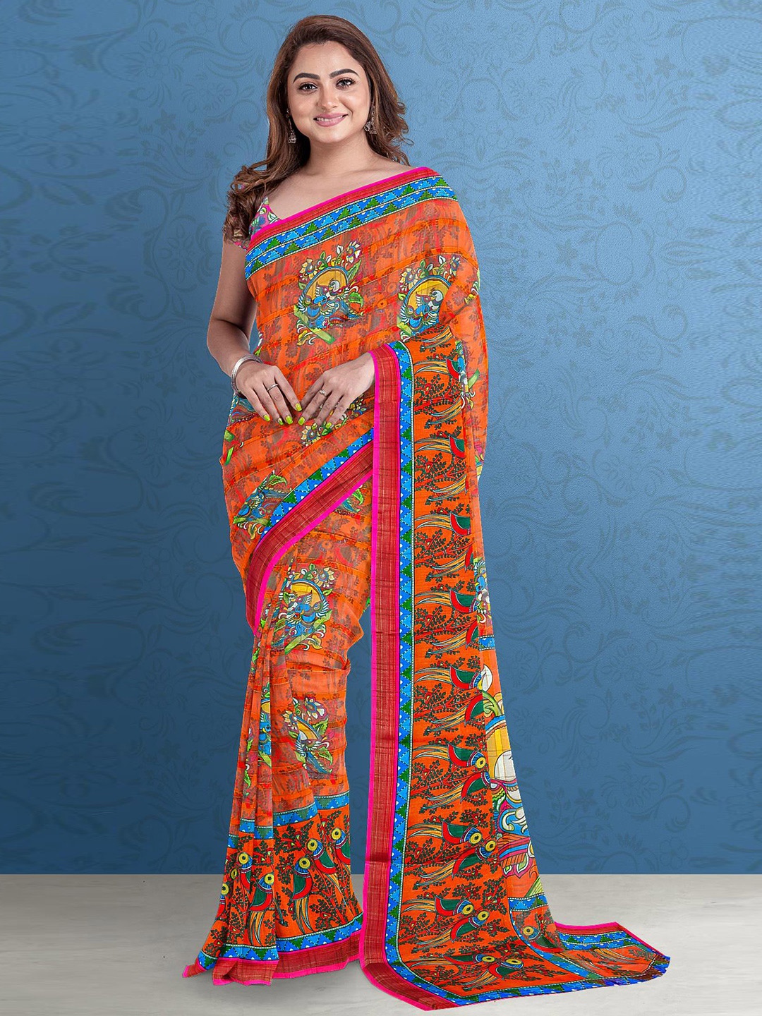

Kalamandir Orange & Blue Kalamkari Printed Silk Blend Saree