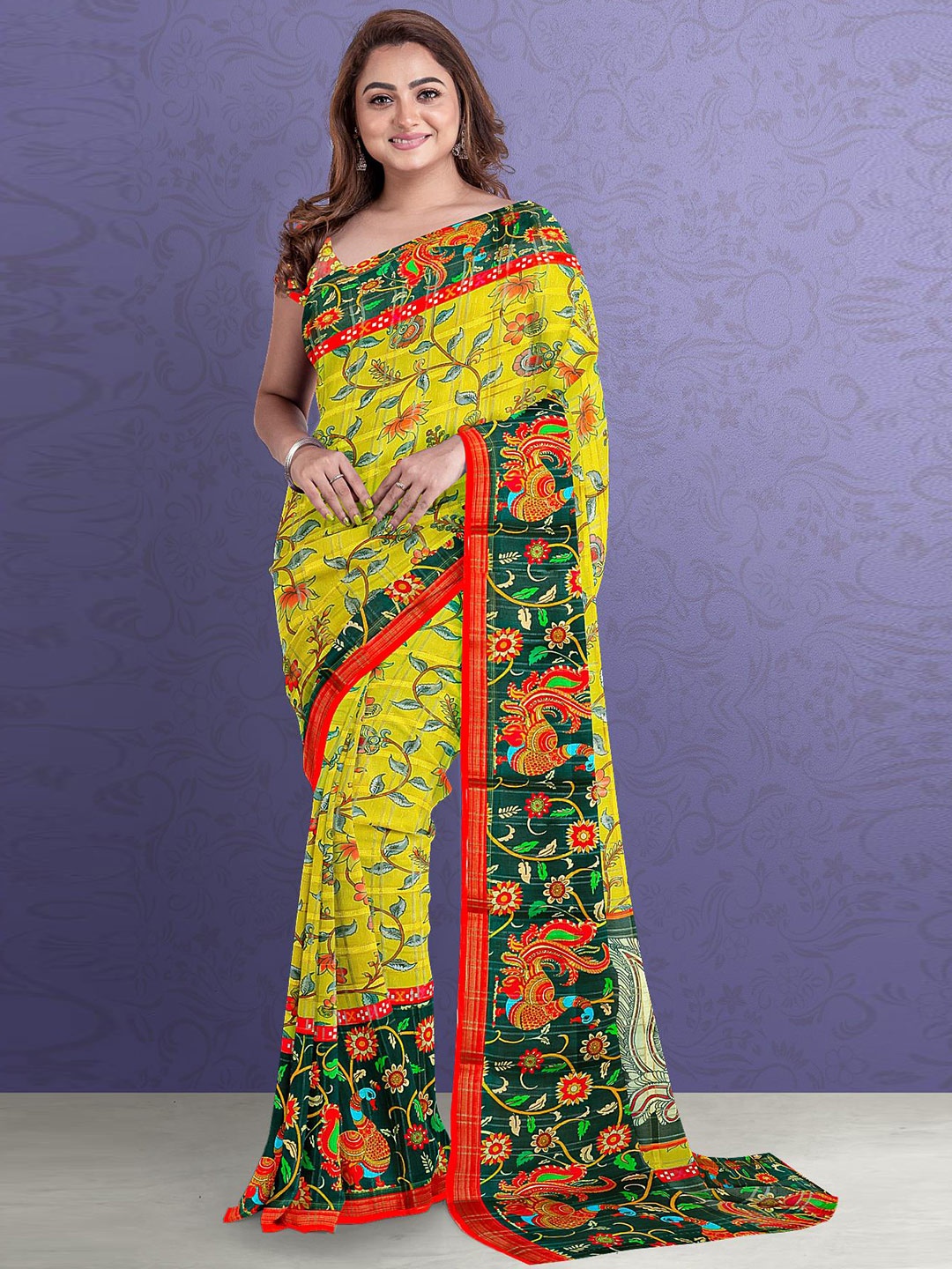 

Kalamandir Women Yellow & Green Kalamkari Silk Blend Saree