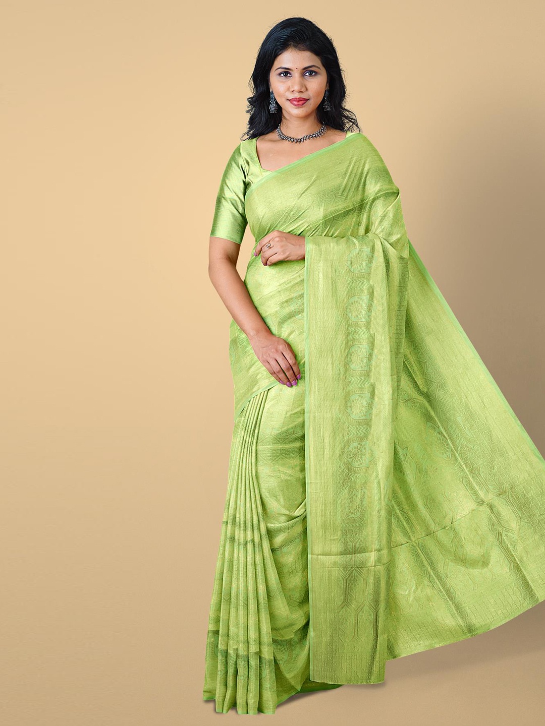 

Kalamandir Green & Gold-Toned Floral Zari Silk Blend Saree