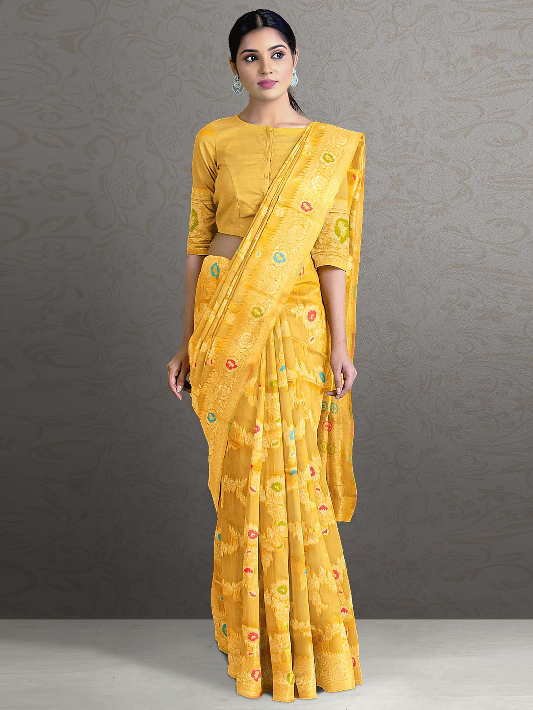 

Kalamandir Yellow & Green Floral Zari Saree