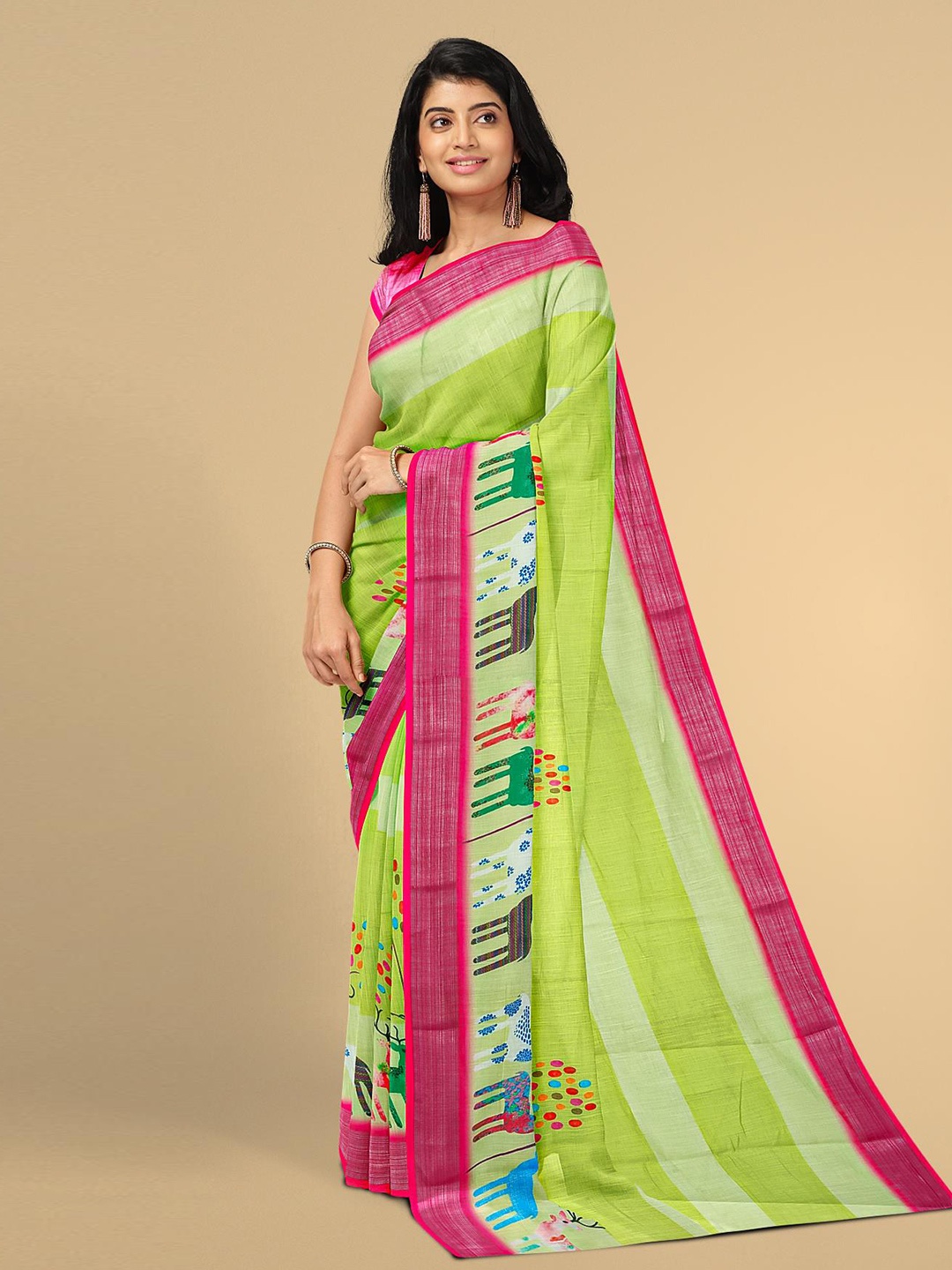 

Kalamandir Green & Pink Floral Zari Linen Blend Saree