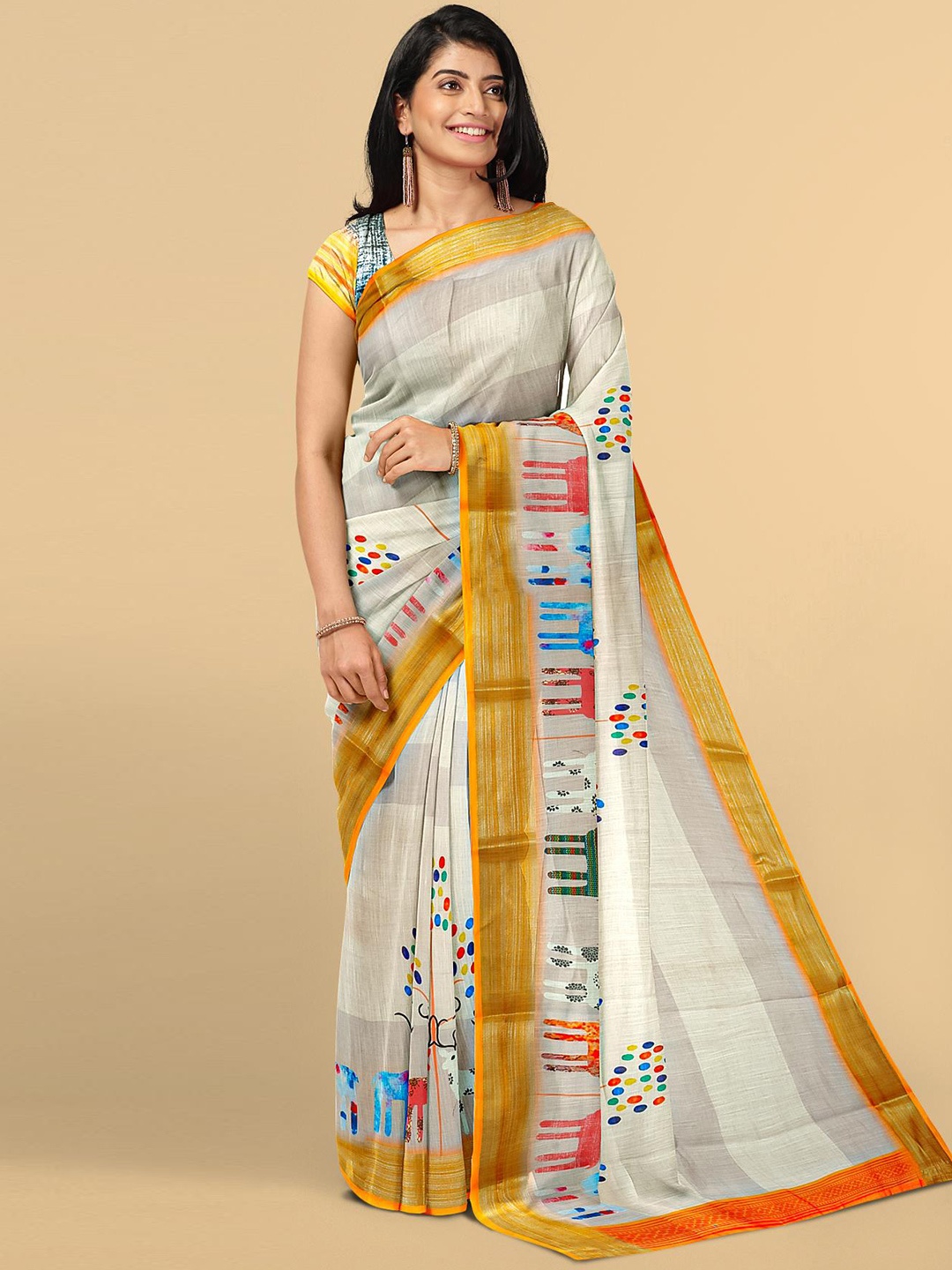 

Kalamandir Cream-Coloured & Yellow Zari Printed Linen Blend Saree