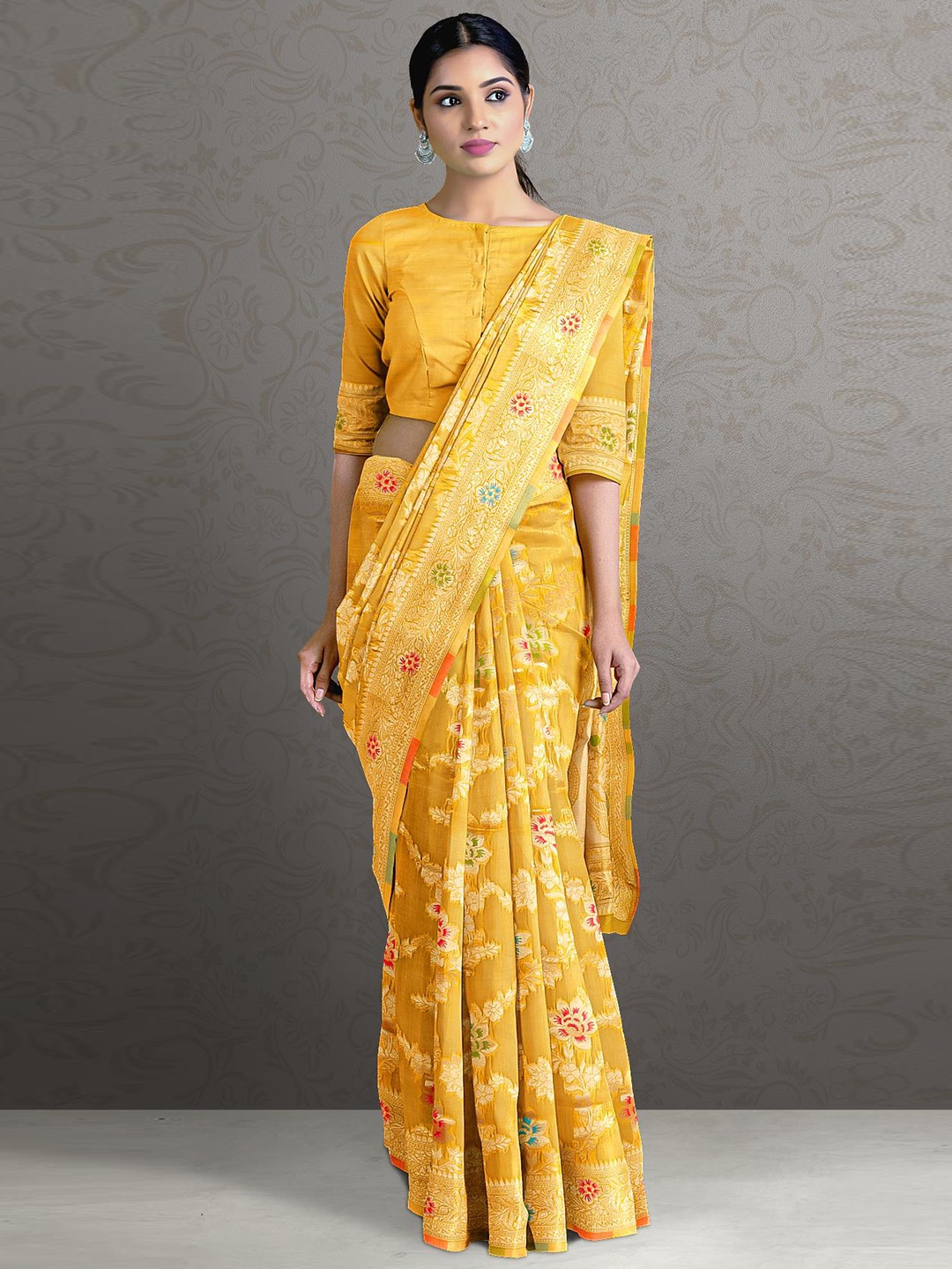 

Kalamandir Yellow & Green Floral Printed Zari Saree
