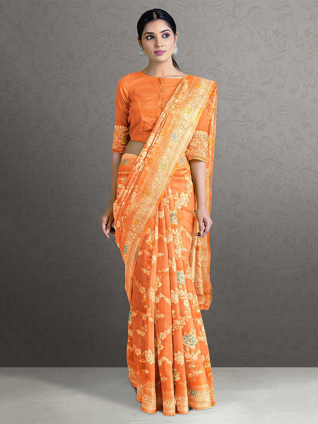 

Kalamandir Orange & Gold-Toned Floral Zari Silk Blend Saree