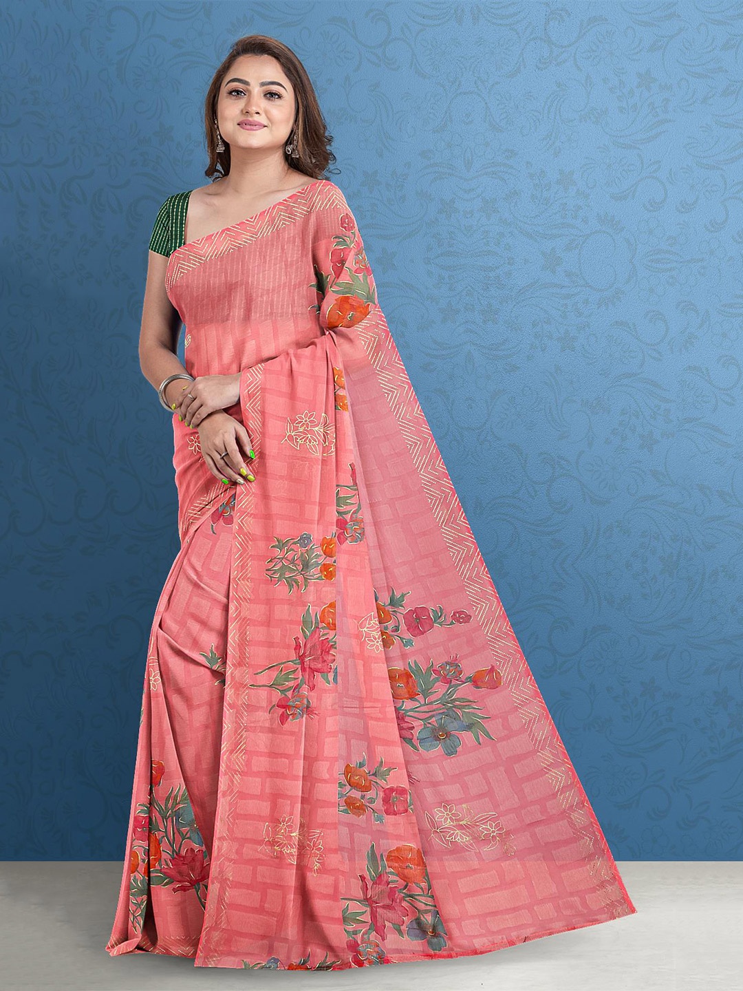 

Kalamandir Pink & Green Floral Silk Blend Saree