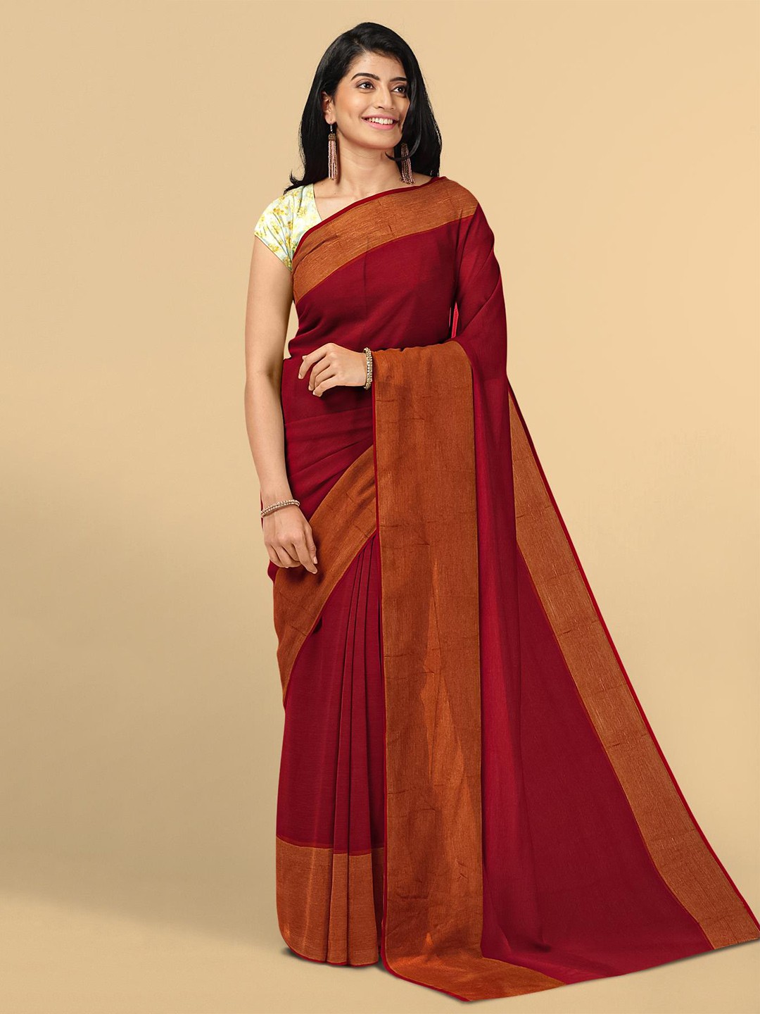 

Kalamandir Maroon & Gold-Toned Zari Pure Chiffon Saree