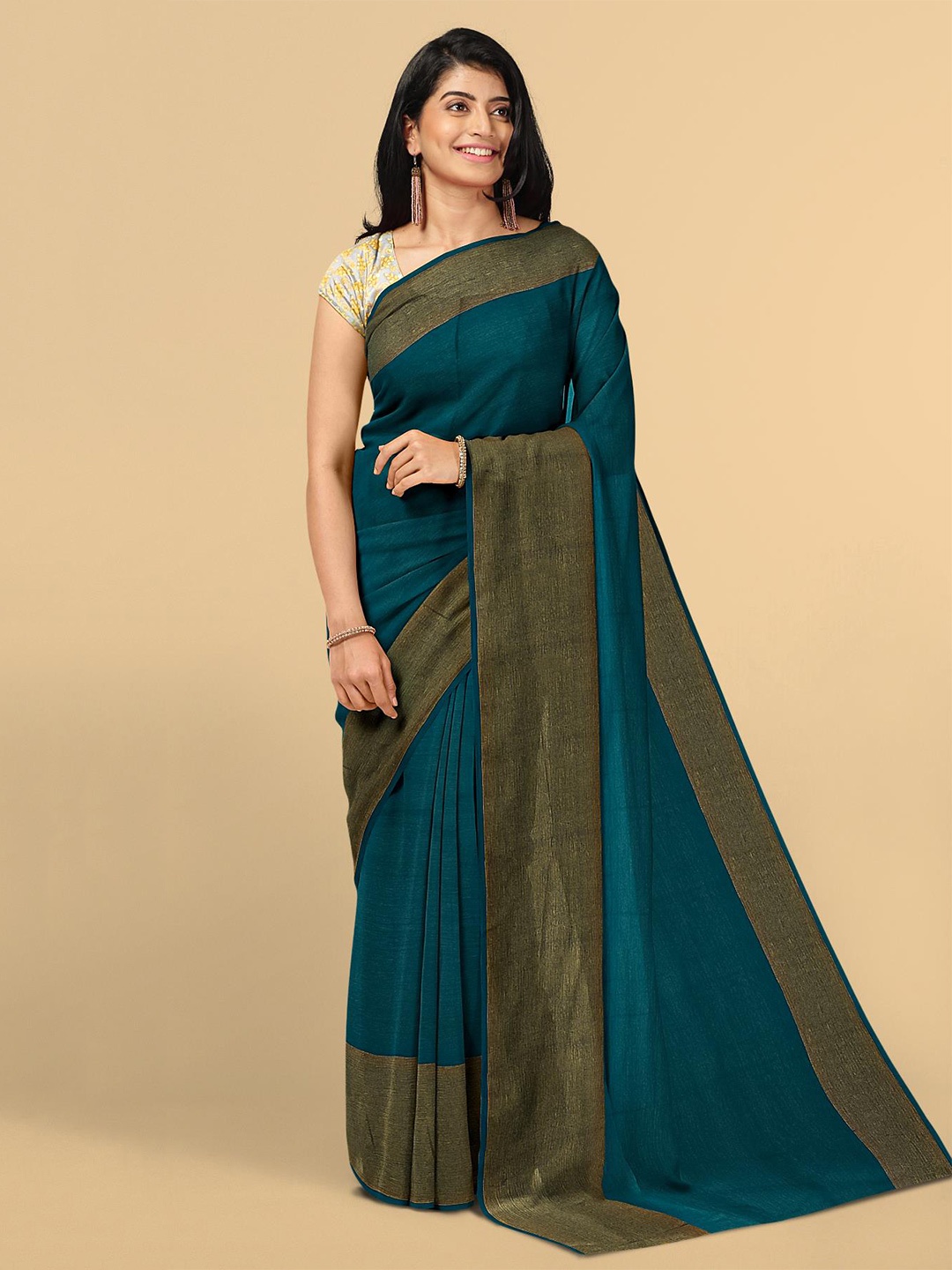 

Kalamandir Teal Blue & Olive Green Pure Chiffon Saree