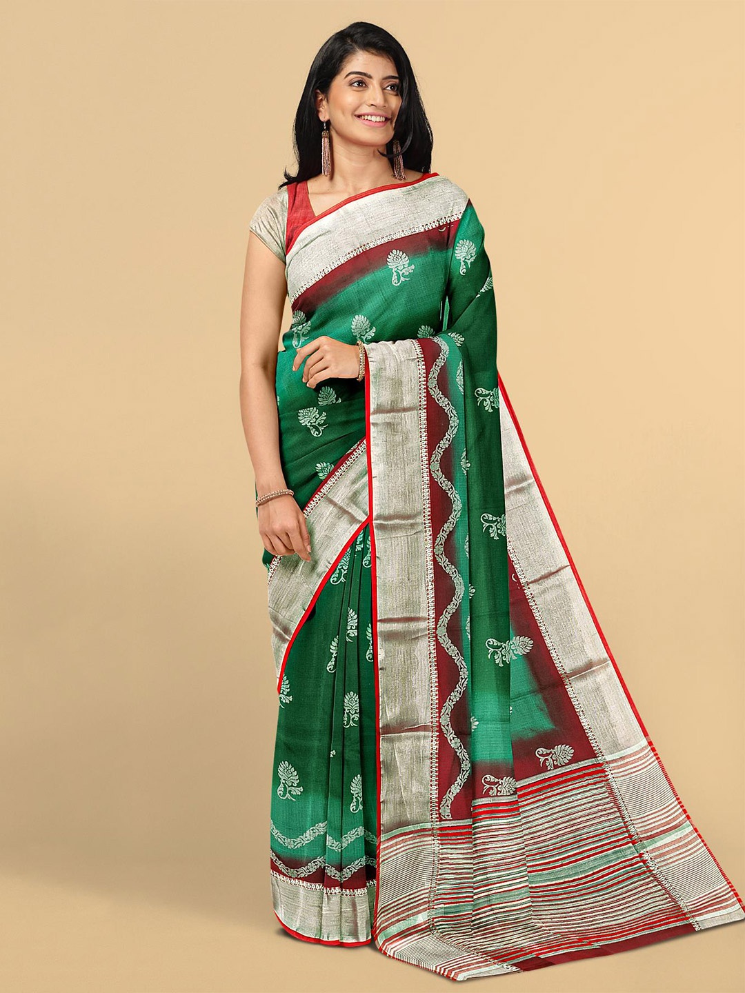 

Kalamandir Green & Maroon Ethnic Motifs Zari Silk Blend Saree