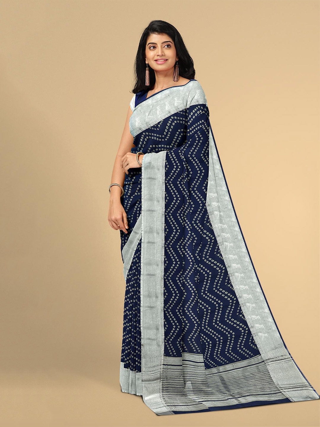 

Kalamandir Navy Blue & White Bandhani Zari Silk Blend Saree