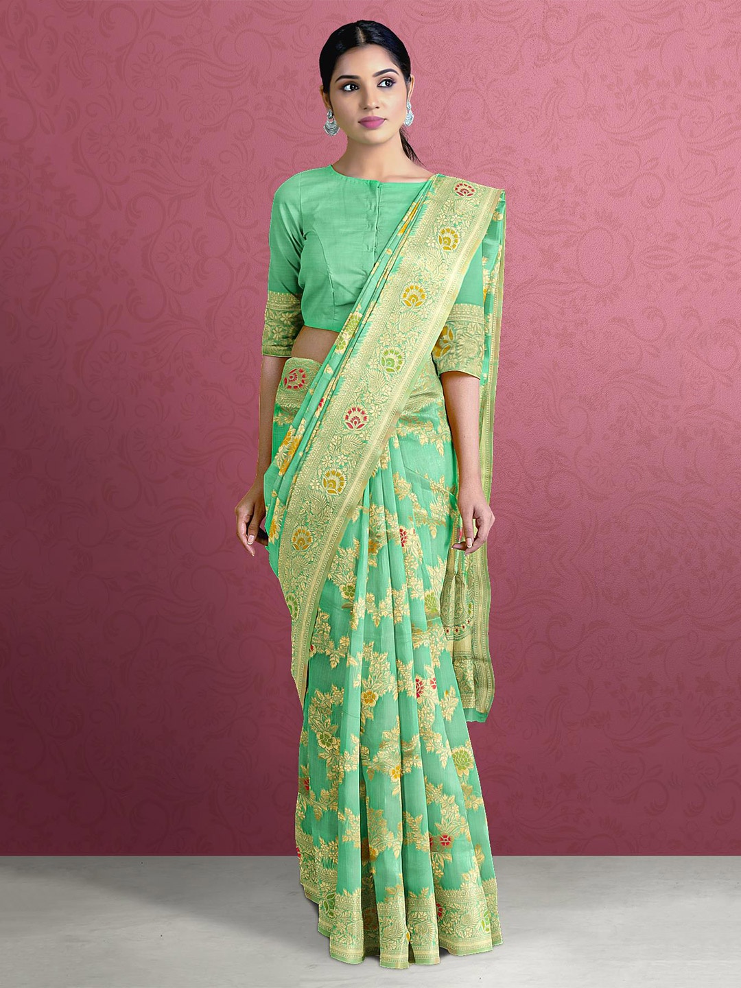 

Kalamandir Sea Green & Red Floral Zari Silk Blend Saree