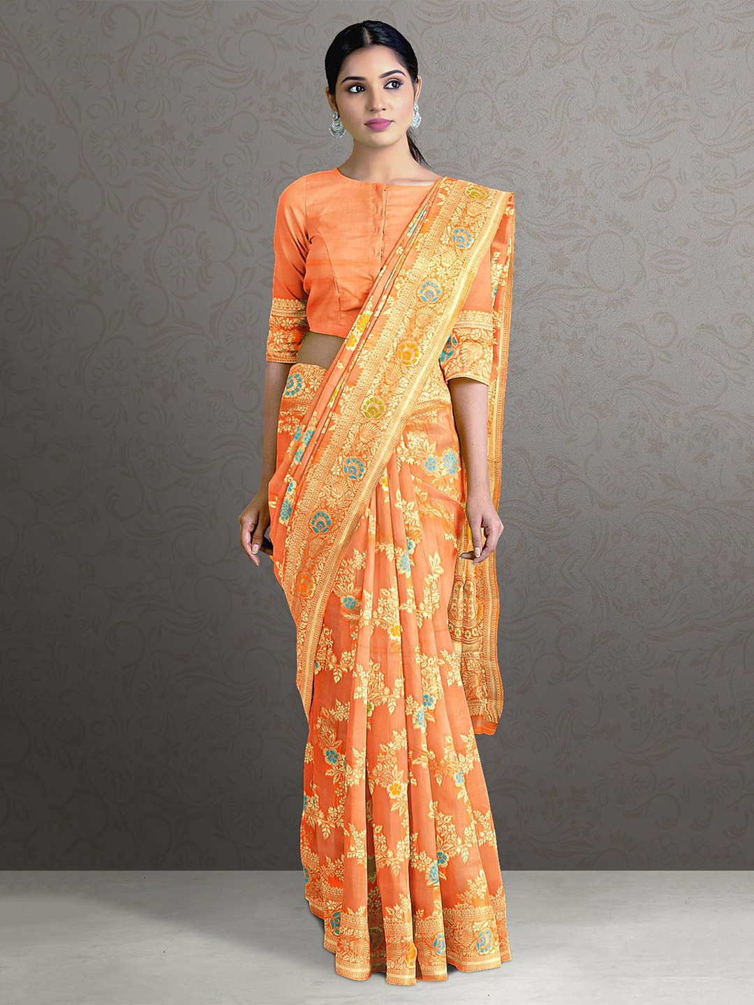 

Kalamandir Orange & Gold-Toned Floral Zari Silk Blend Saree