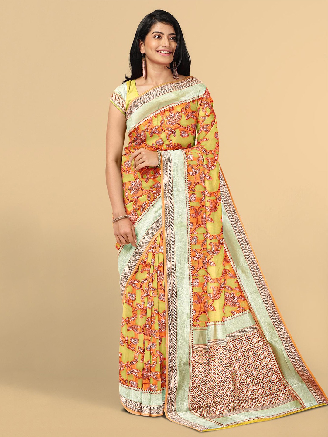 

Kalamandir Yellow Floral Zari Silk Blend Saree