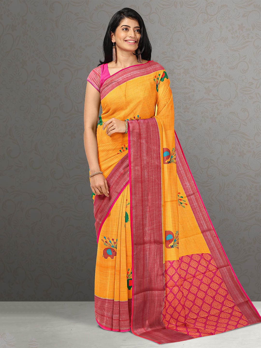 

Kalamandir Orange & Pink Checked Zari Linen Blend Saree