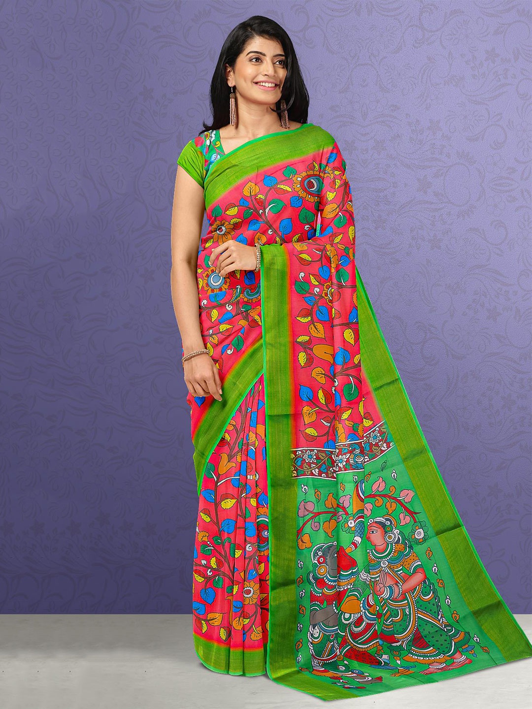 

Kalamandir Pink & Green Kalamkari Printed Linen Blend Saree
