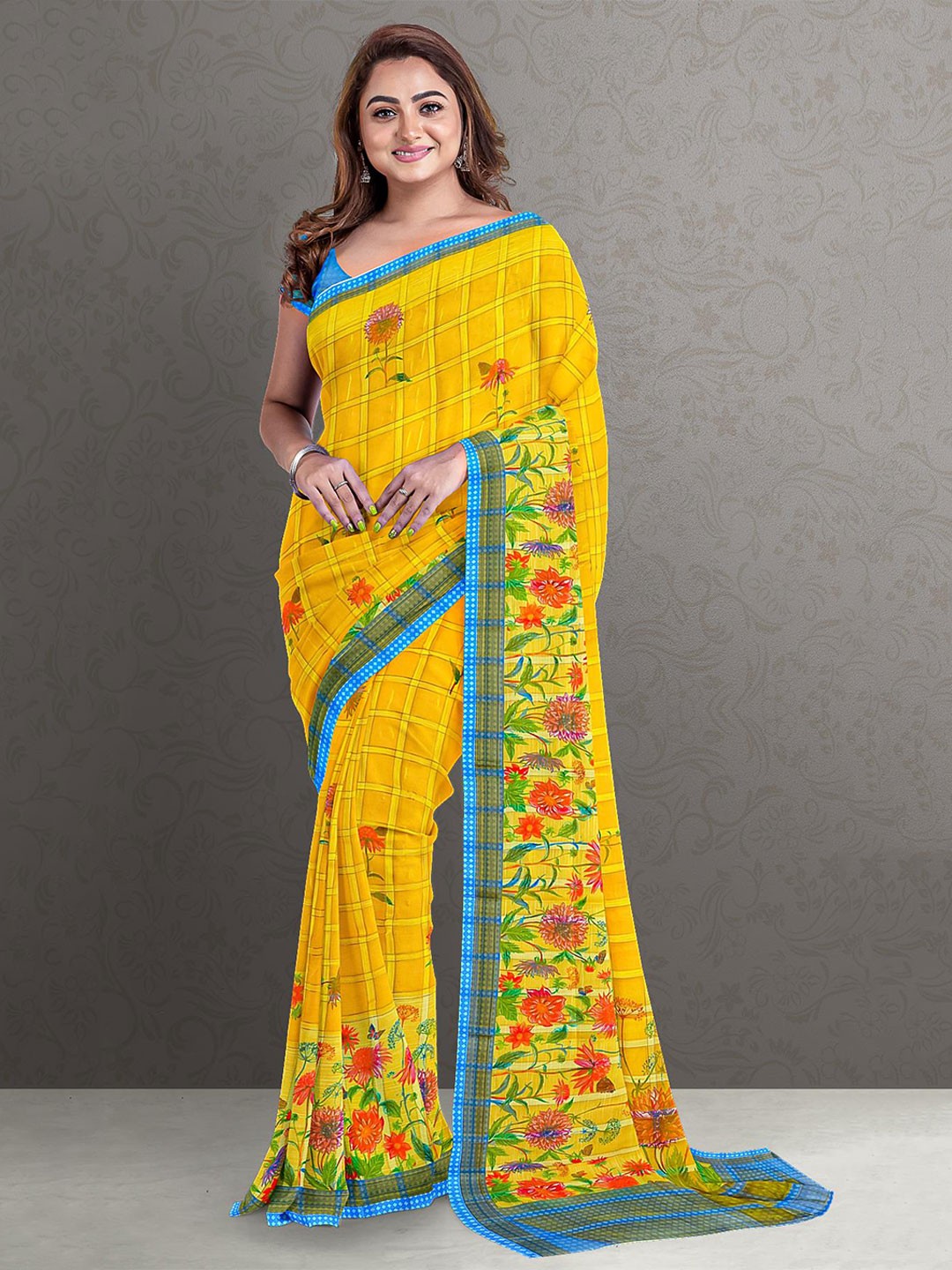 

Kalamandir Women Yellow & Blue Floral Silk Blend Saree