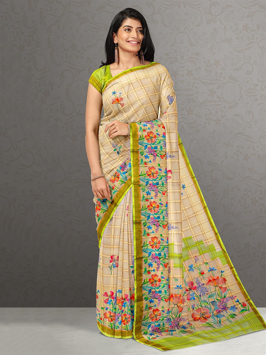 

Kalamandir Cream-Coloured & Red Floral Zari Silk Blend Saree