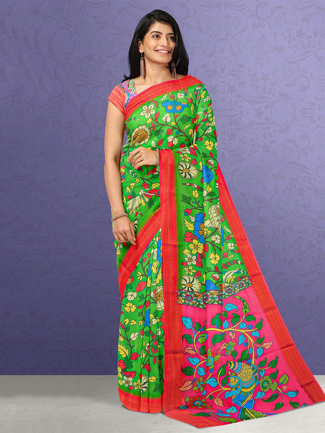 

Kalamandir Green & Red Kalamkari Saree