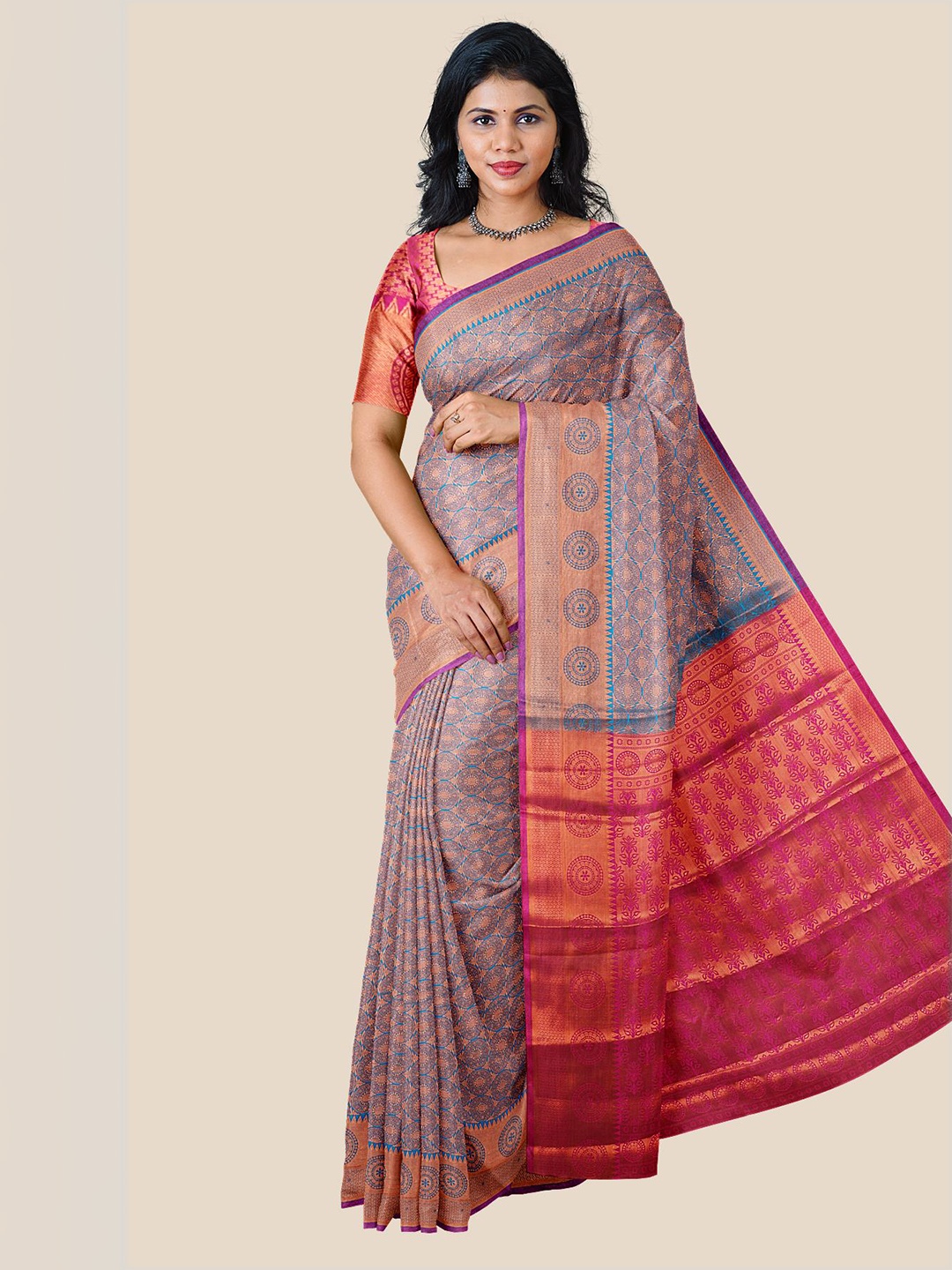 

Kalamandir Blue & Red Ethnic Motifs Zari Silk Blend Saree