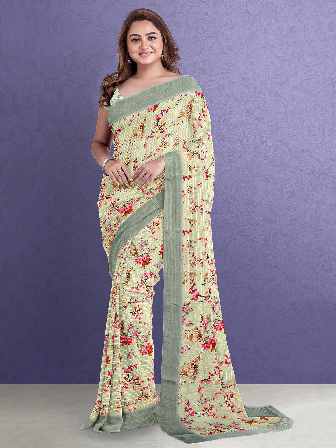 

Kalamandir Green & Cream-Coloured Floral Printed Jute Silk Saree
