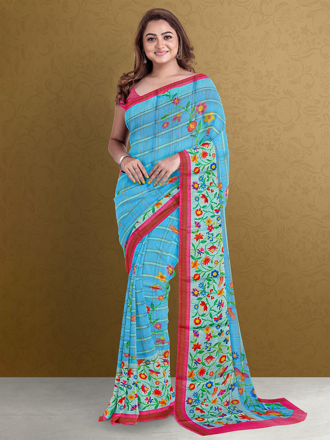 

Kalamandir Blue & Green Checked Zari Silk Blend Saree