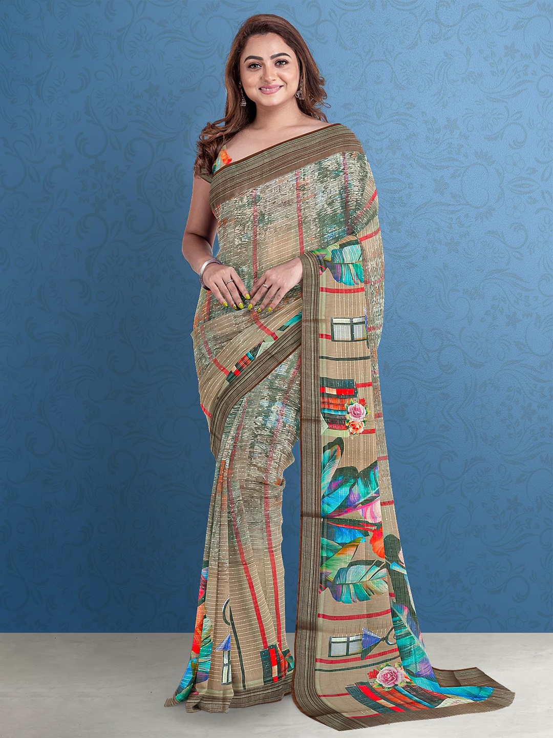 

Kalamandir Grey & Blue Floral Jute Silk Saree, Brown