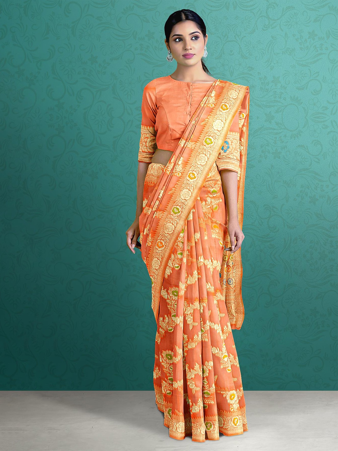 

Kalamandir Orange & Green Woven Design Zari Saree