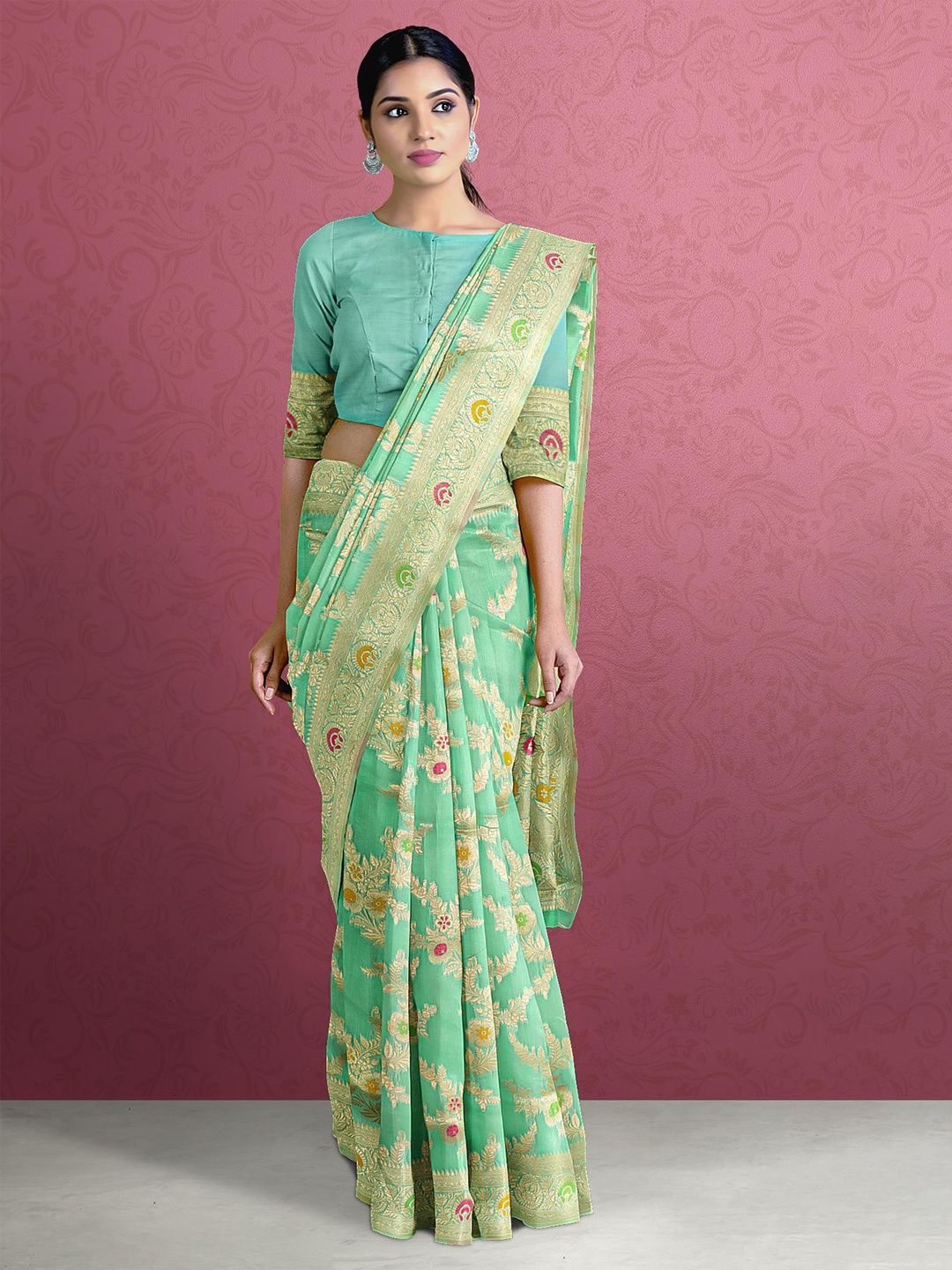 

Kalamandir Sea Green & Gold-Toned Floral Zari Silk Blend Saree