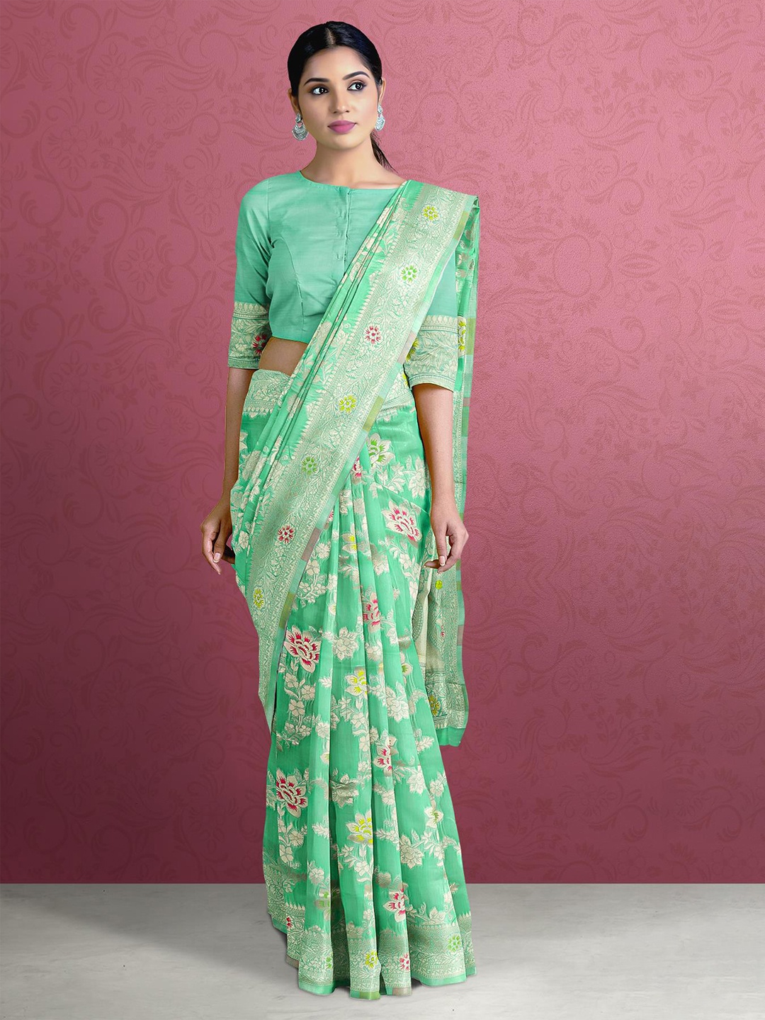 

Kalamandir Sea Green & Red Floral Zari Silk Blend Saree