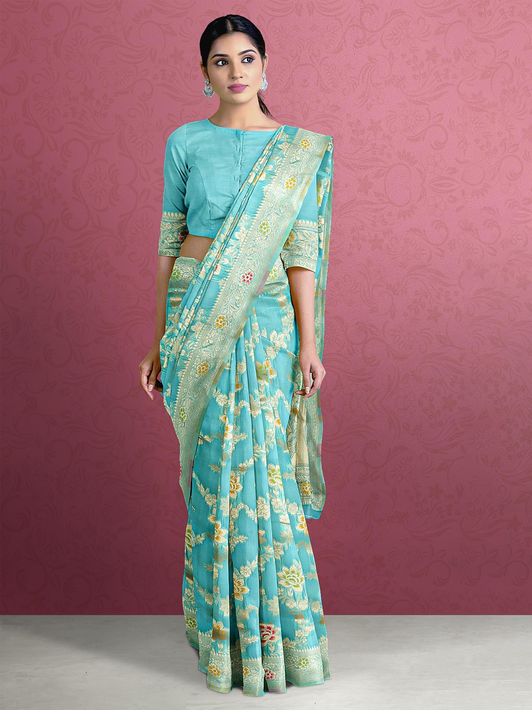 

Kalamandir Blue & Green Floral Zari Silk Blend Saree