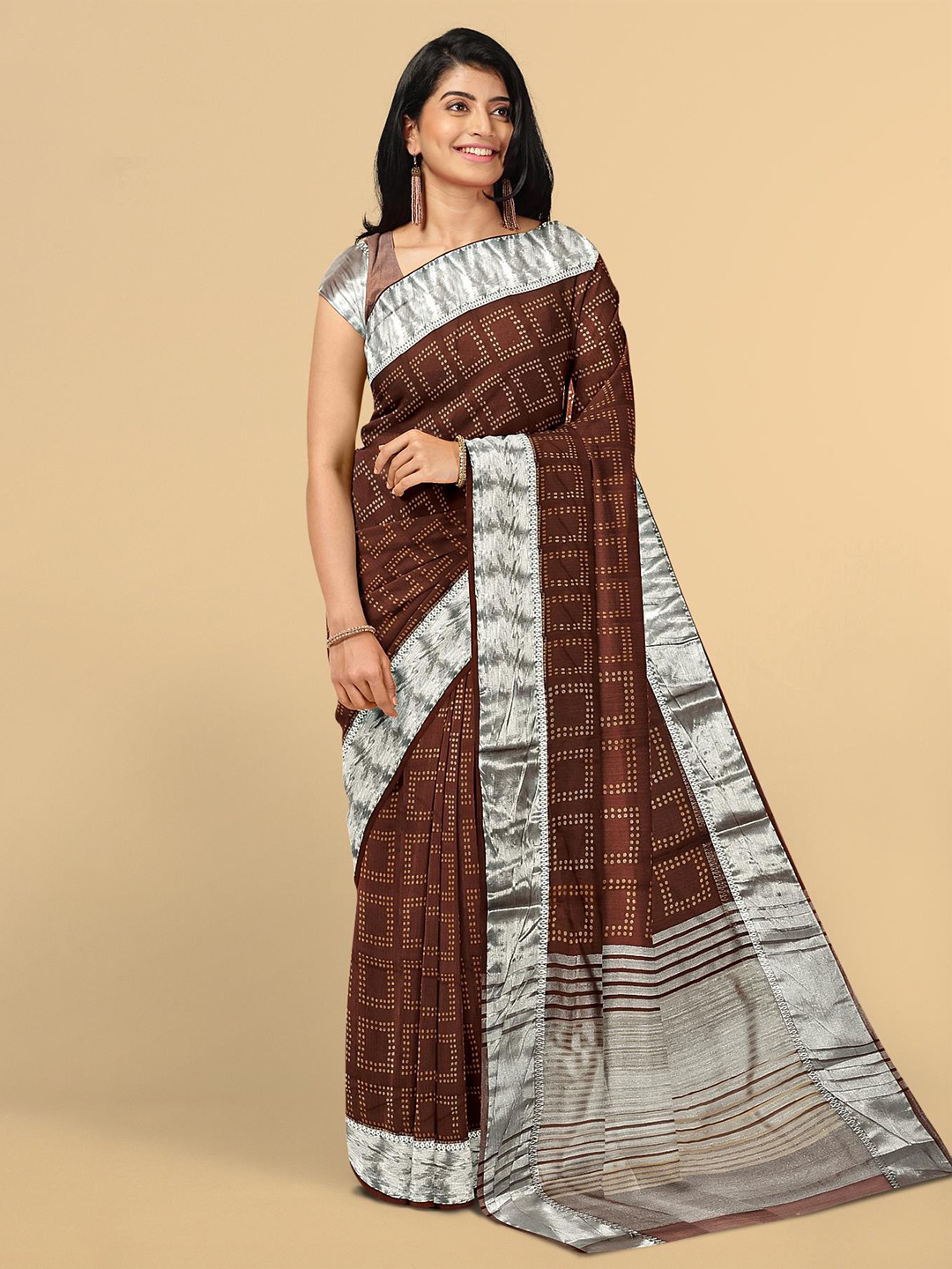 

Kalamandir Brown & Silver-Toned Bandhani Zari Silk Blend Saree