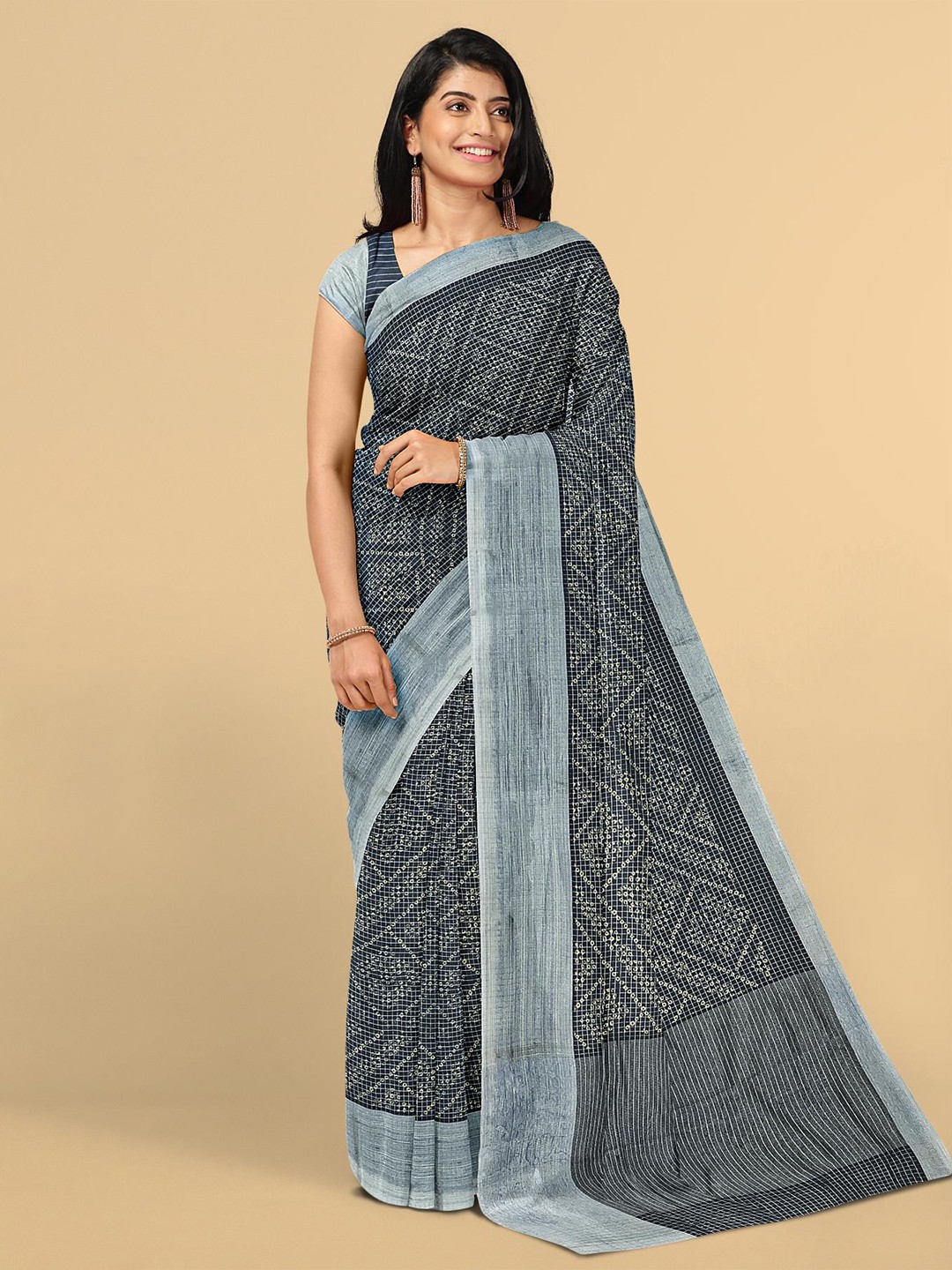 

Kalamandir Navy Blue & Grey Bandhani Zari Silk Blend Saree