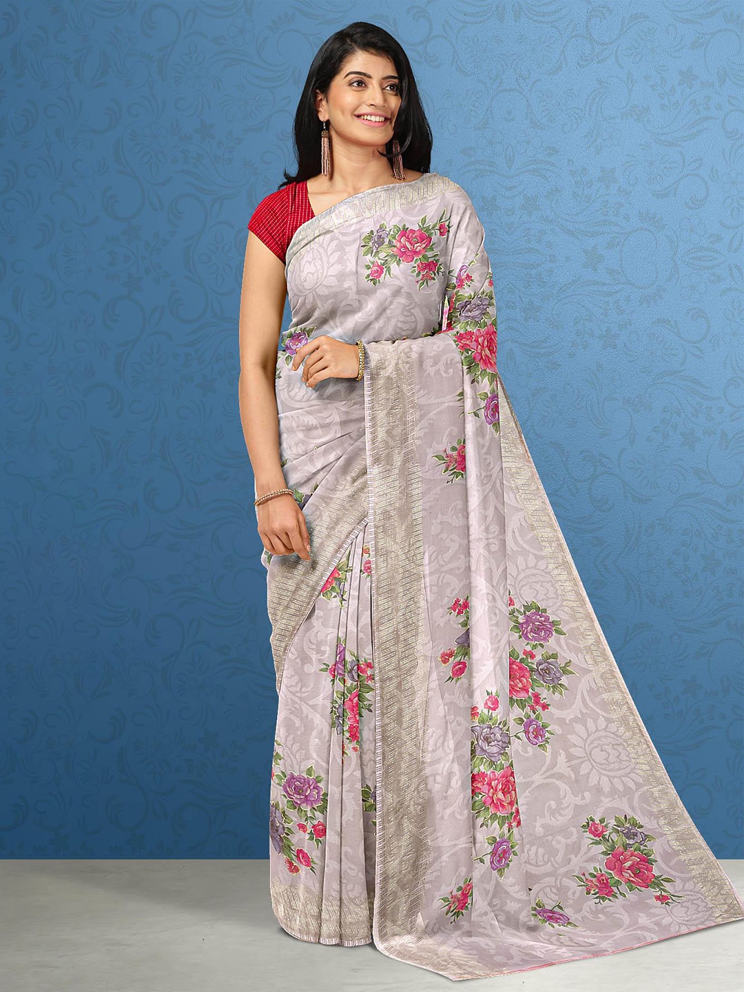 

Kalamandir Off White & Pink Floral Zari Silk Blend Saree