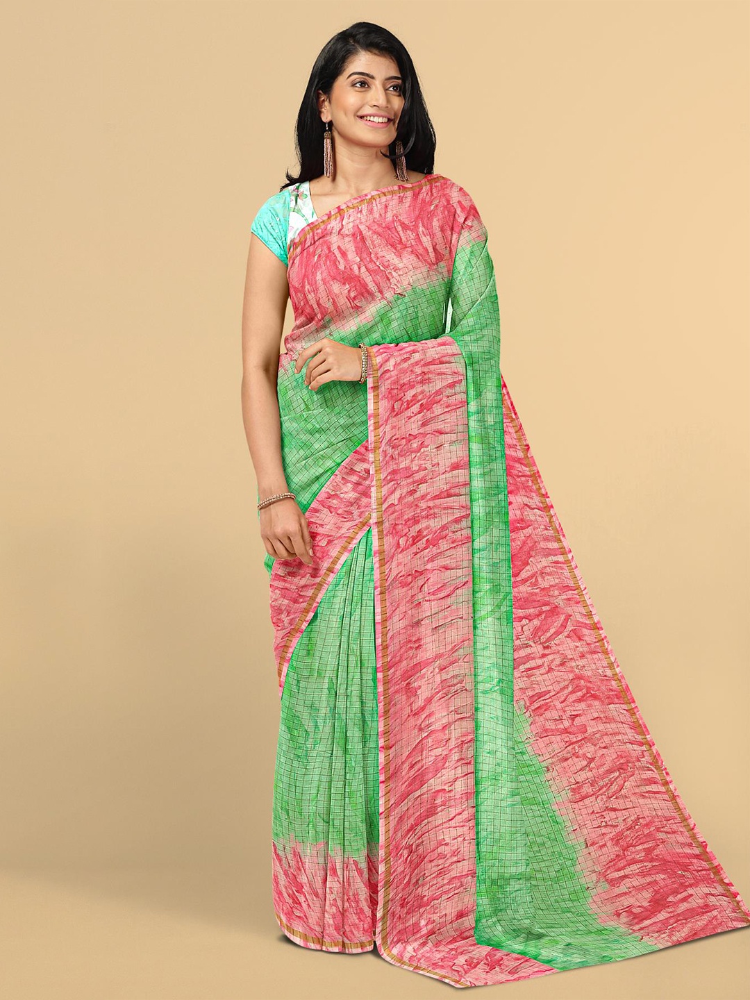 

Kalamandir Women Sea Green & Pink Abstract Jute Cotton Saree