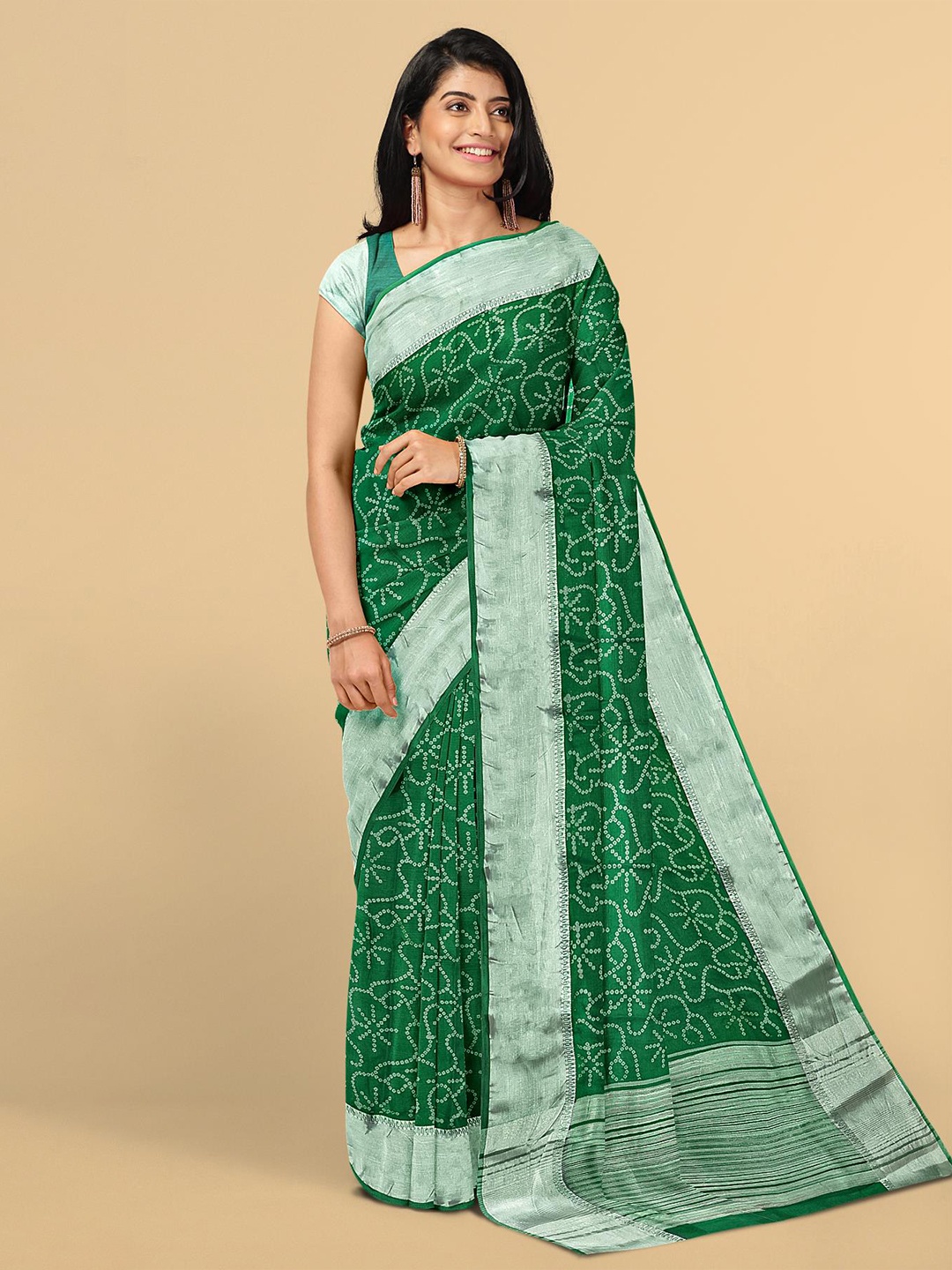 

Kalamandir Green & Silver Bandhani Printed Zari Silk Blend Saree