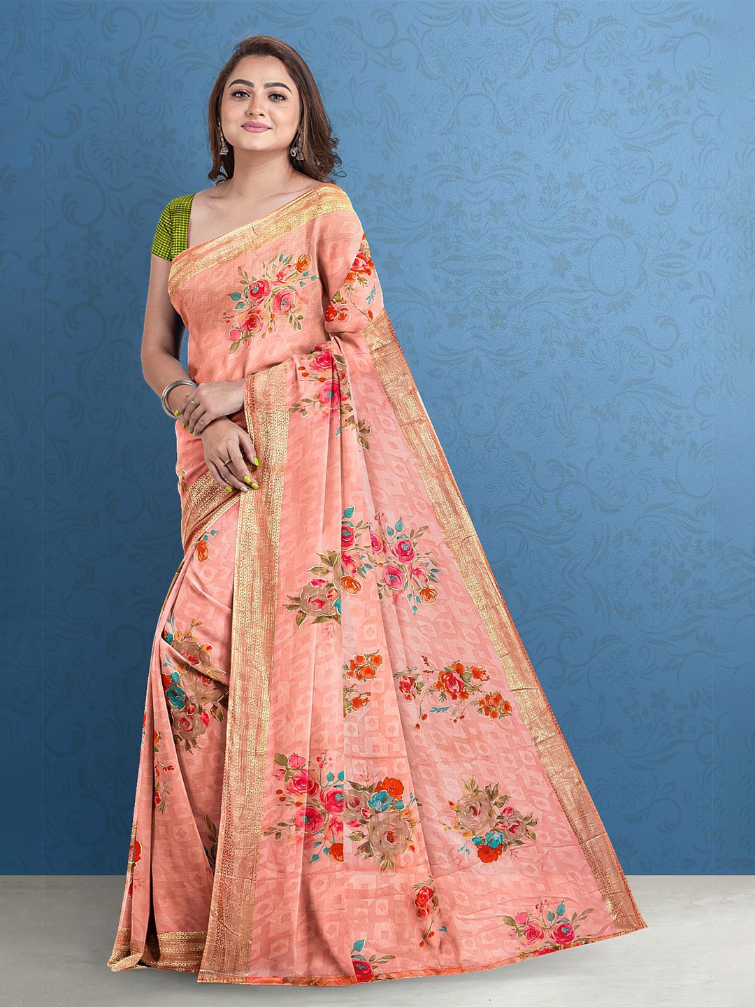 

Kalamandir Peach-Coloured & Red Floral Zari Silk Blend Saree