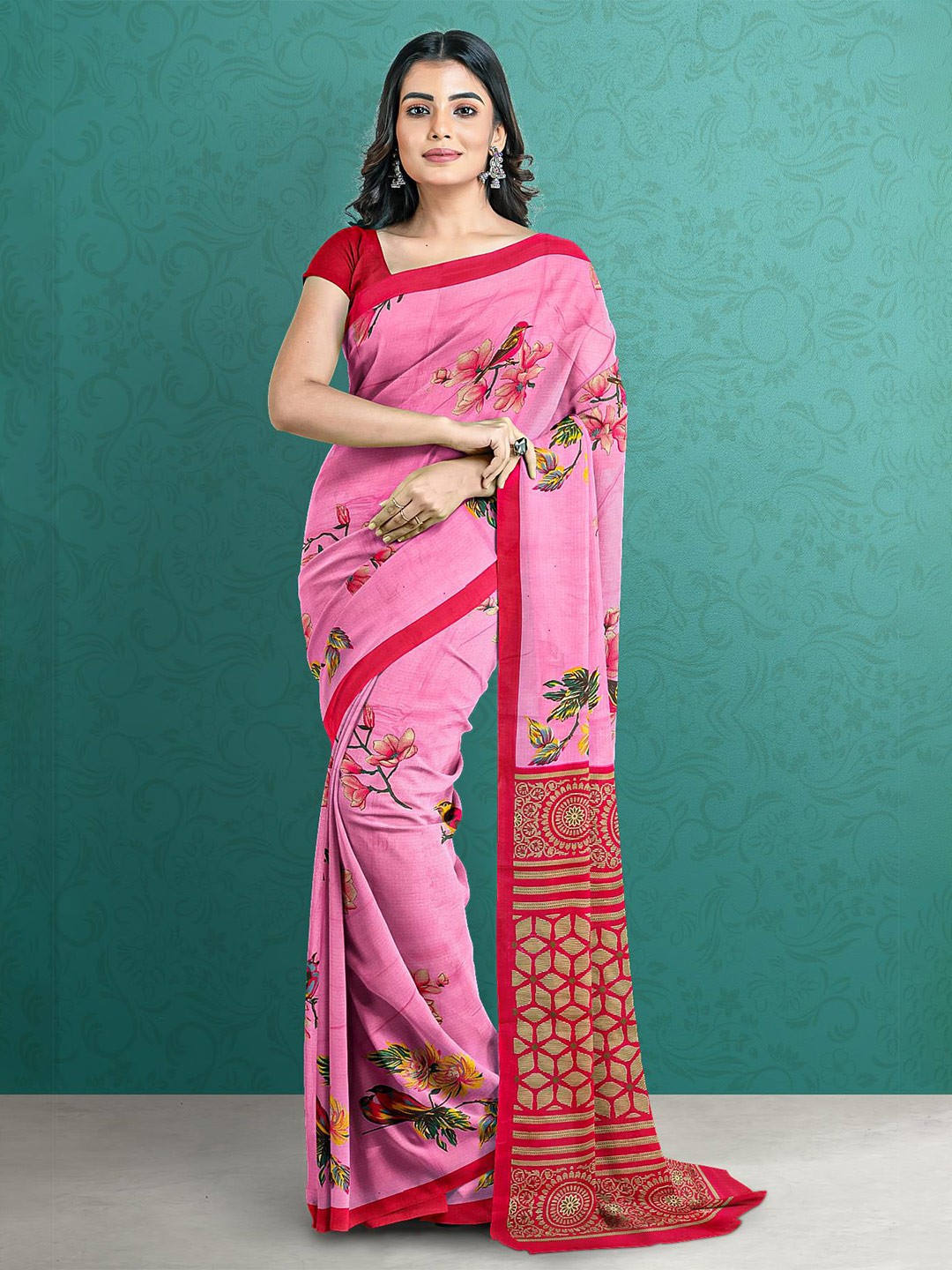 

Kalamandir Pink & Red Floral Silk Blend Saree
