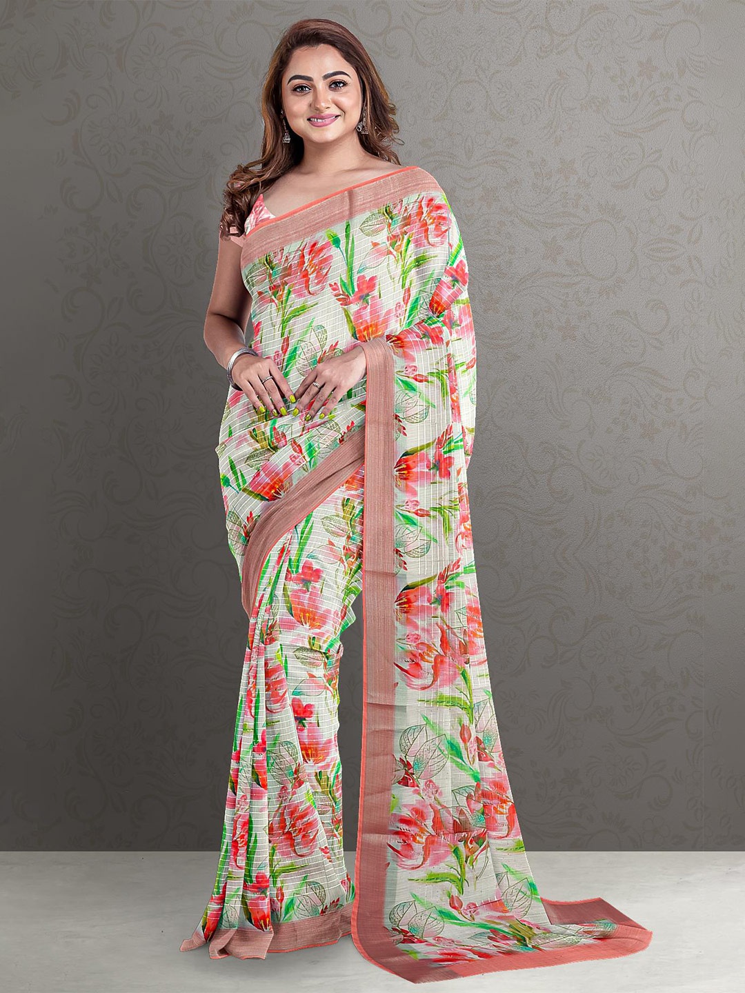 

Kalamandir White & Coral Floral Zari Jute Silk Saree
