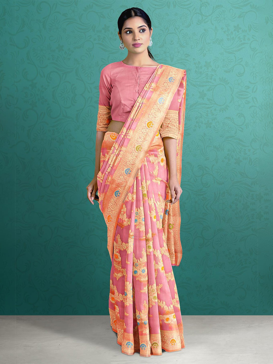 

Kalamandir Pink & Green Floral Zari Silk Blend Saree