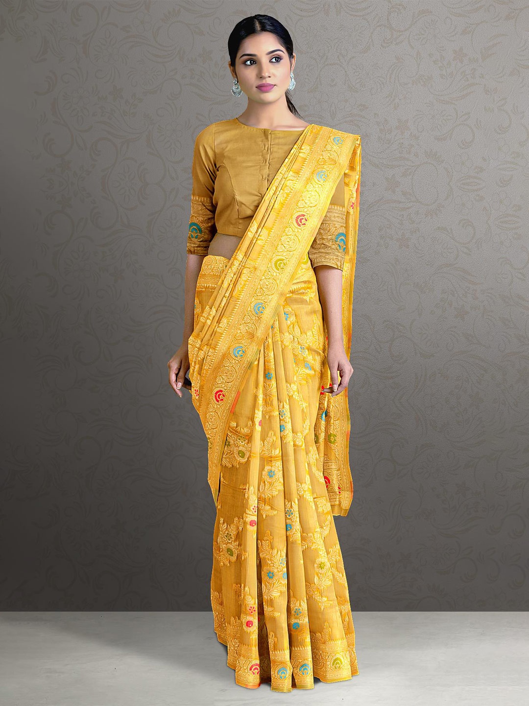 

Kalamandir Yellow & Red Woven Design Zari Saree
