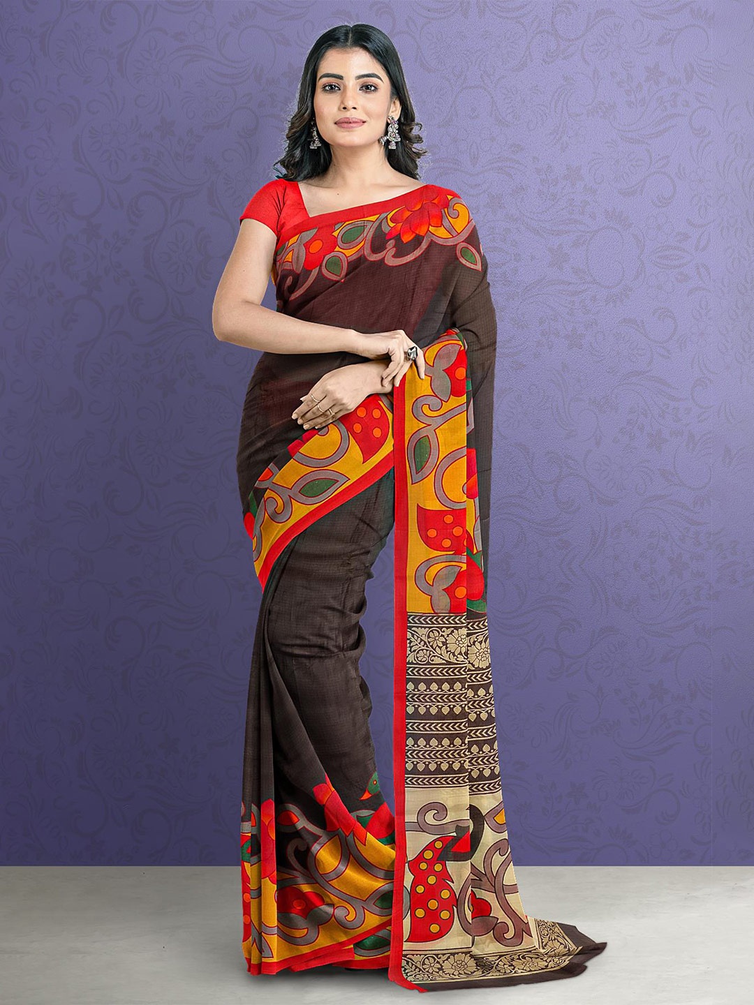 

Kalamandir Brown & Red Floral Silk Blend Saree