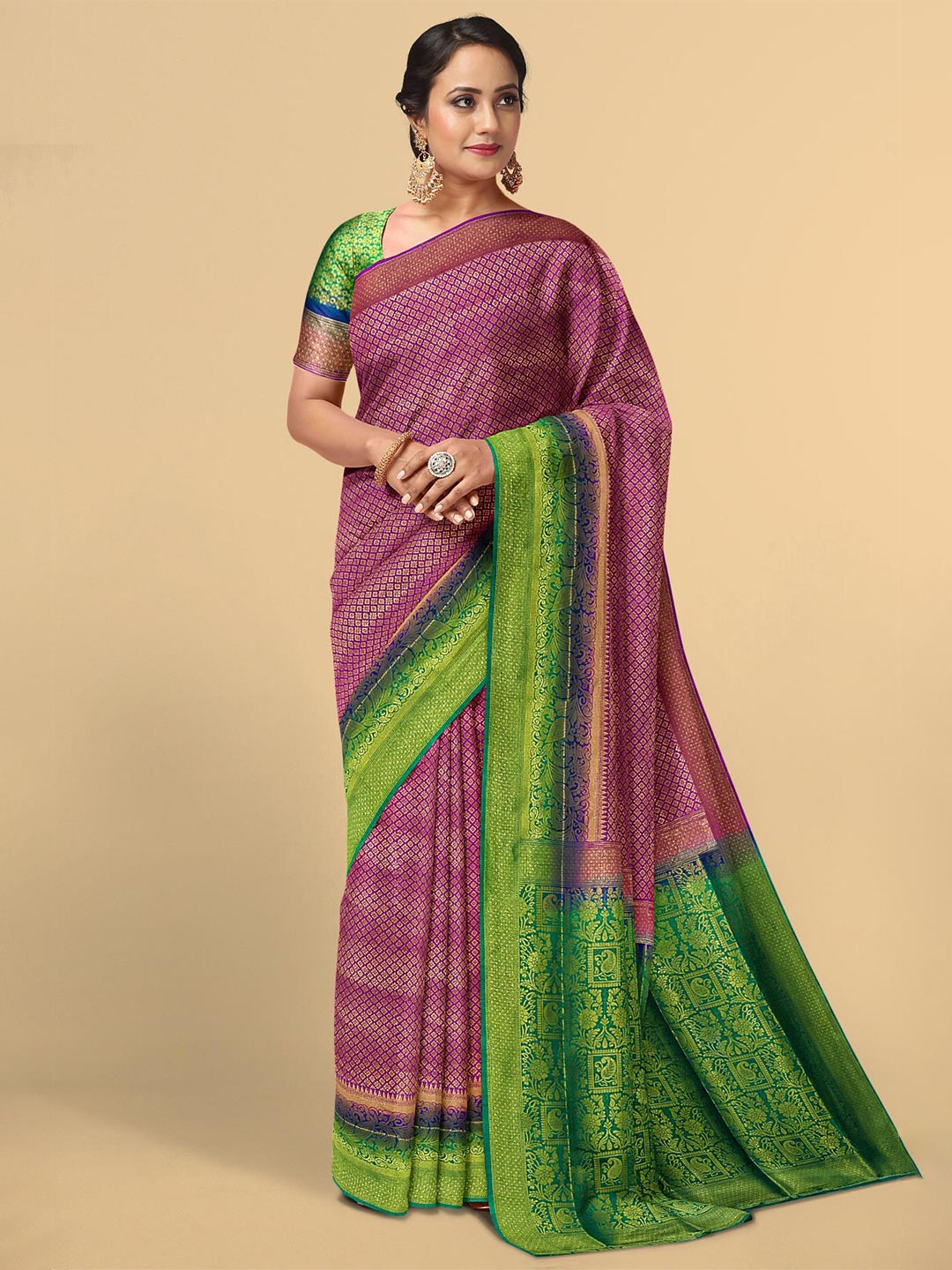 

Kalamandir Magenta & Green Woven Design Zari Silk Blend Saree