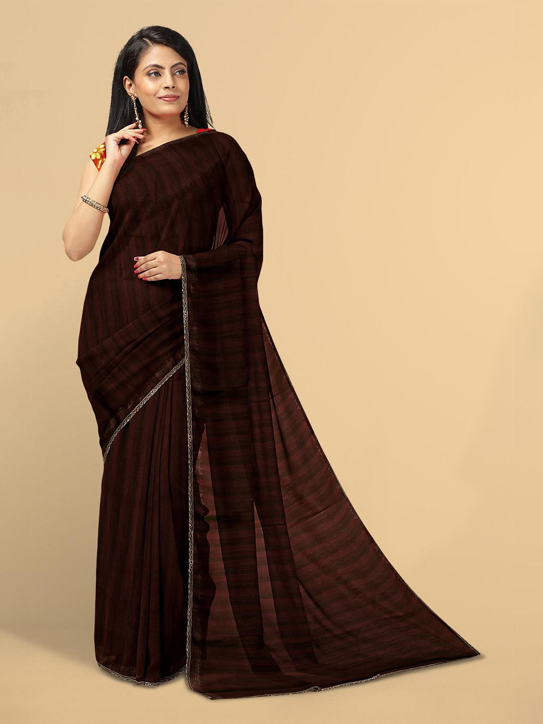 

Kalamandir Purple & Gold-Toned Striped Zari Silk Blend Saree