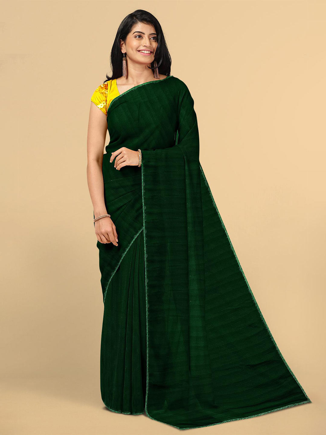 

Kalamandir Dark Green & Yellow Striped Silk Blend Saree
