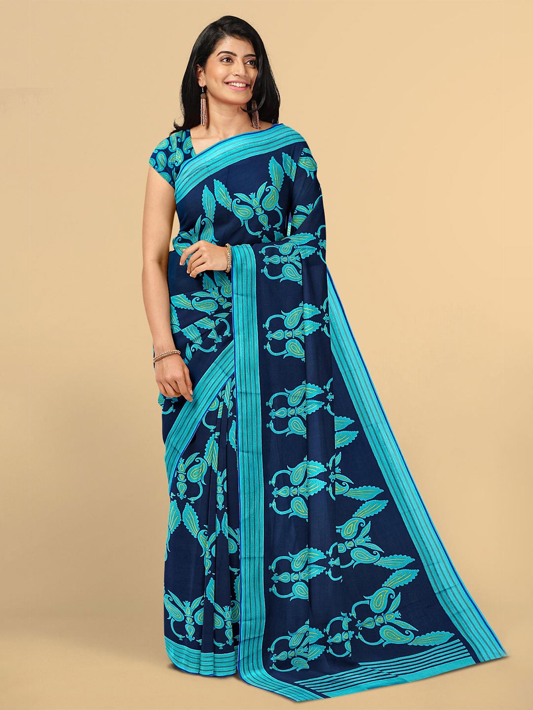 

Kalamandir Blue & Navy Blue Paisley Printed Silk Blend Saree