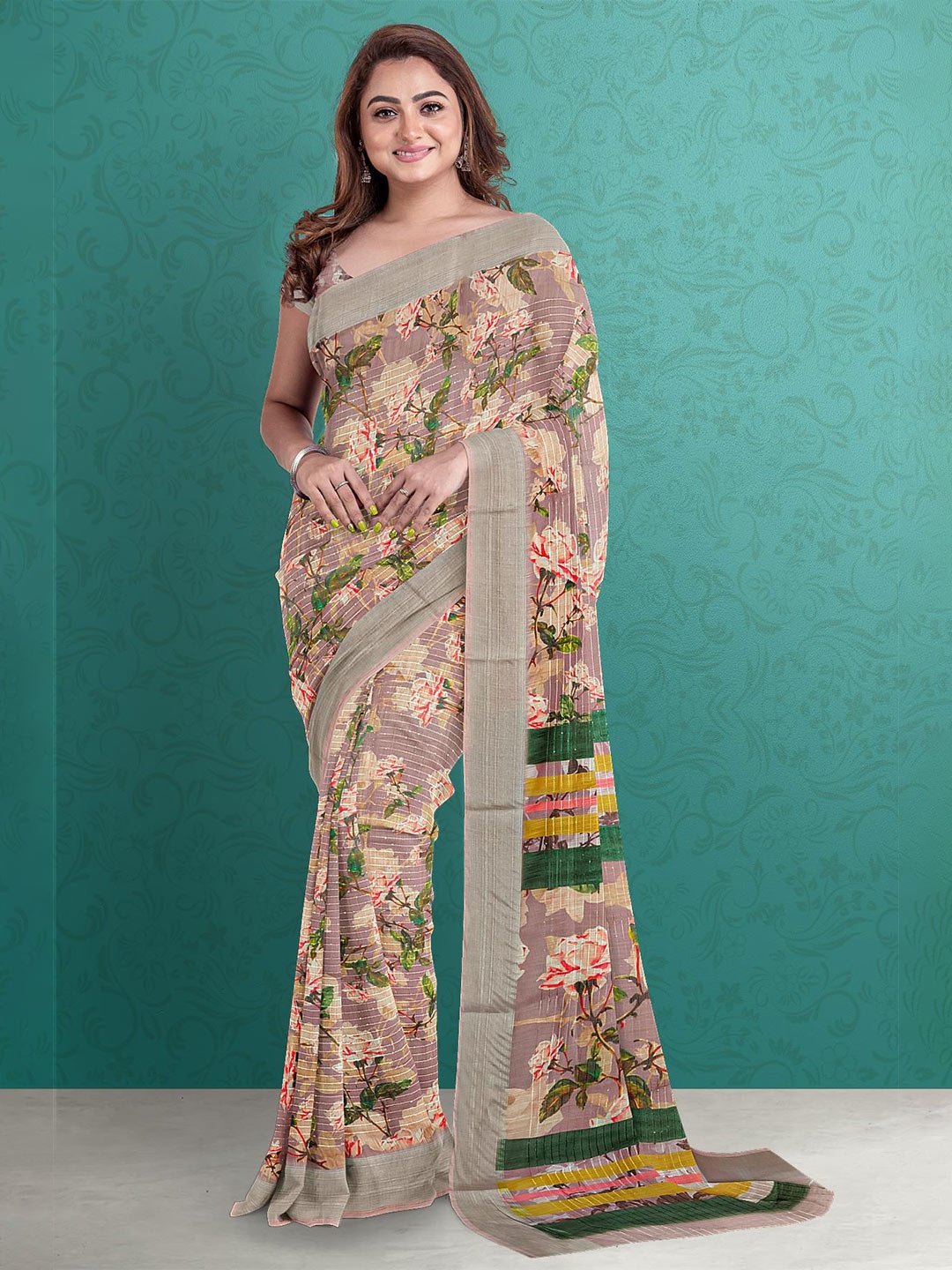 

Kalamandir Brown & Green Floral Jute Silk Saree