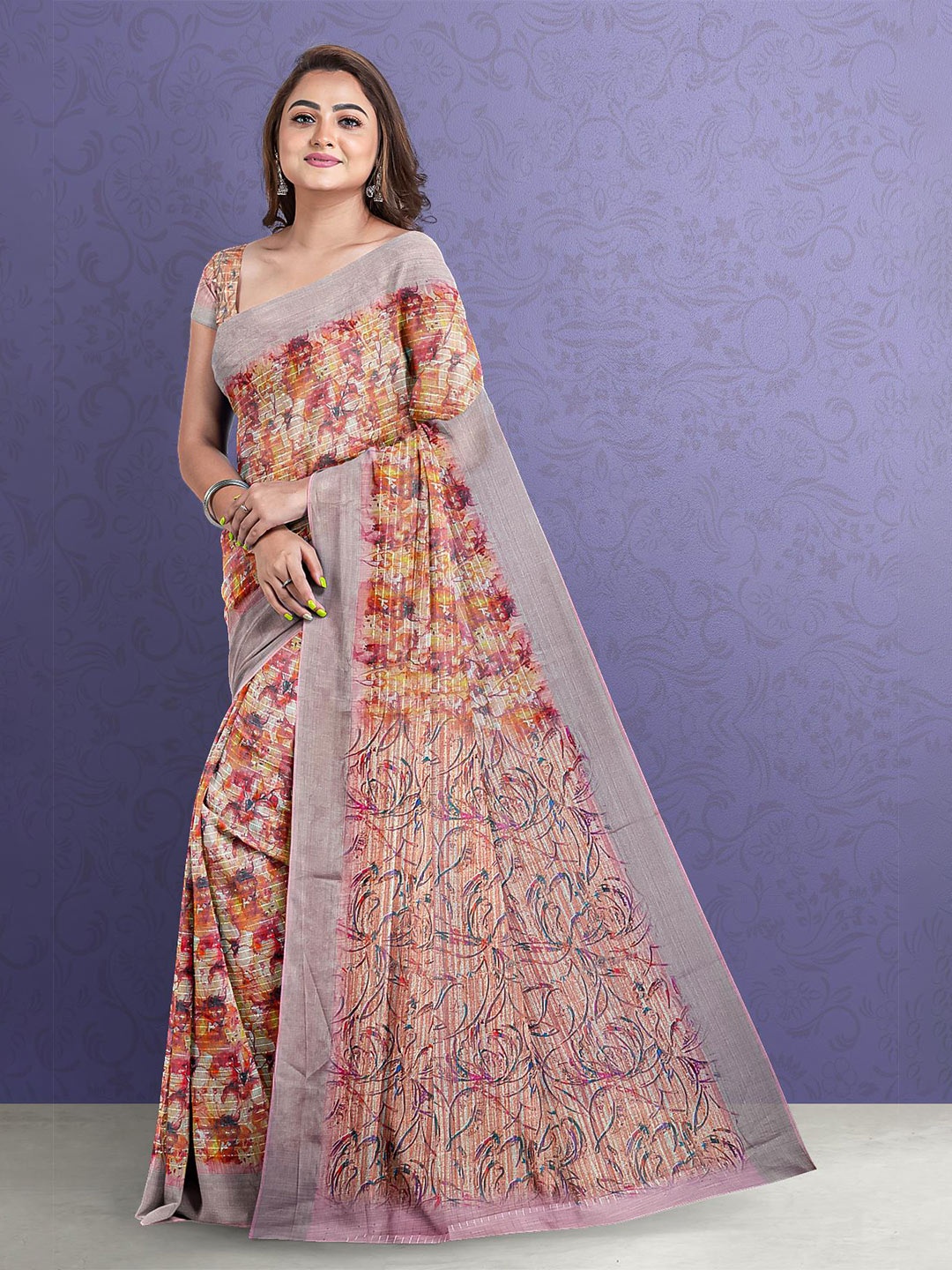 

Kalamandir Peach-Coloured & Blue Floral Zari Jute Silk Saree