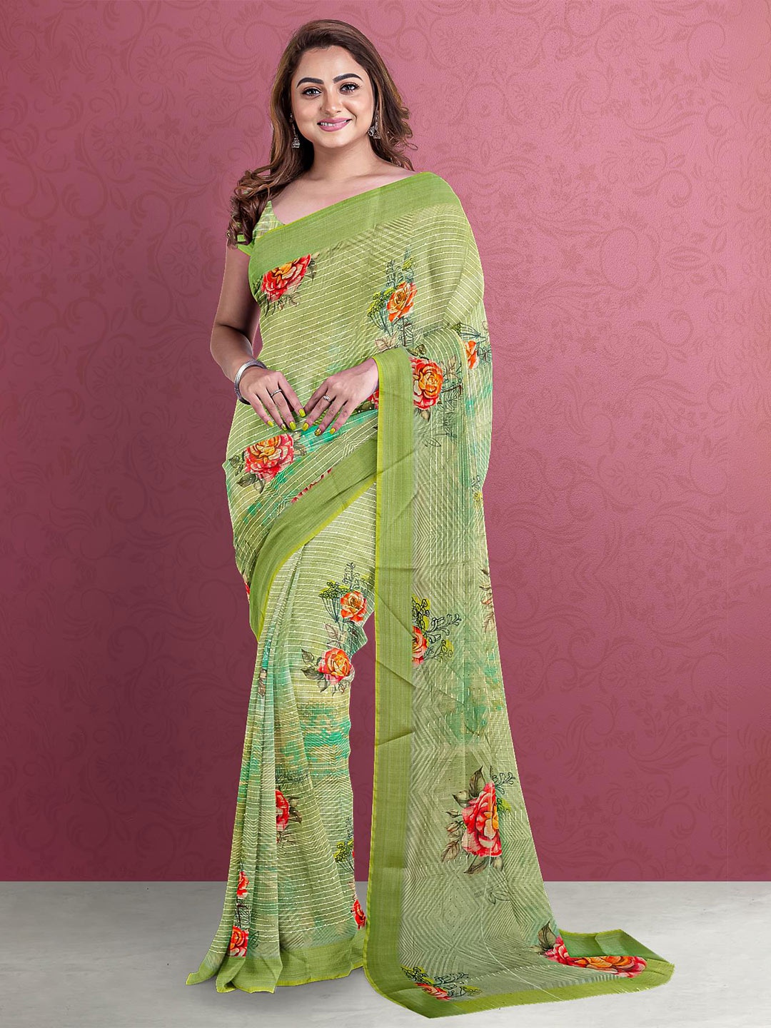 

Kalamandir Women Olive Green & Orange Floral Zari Jute Silk Saree