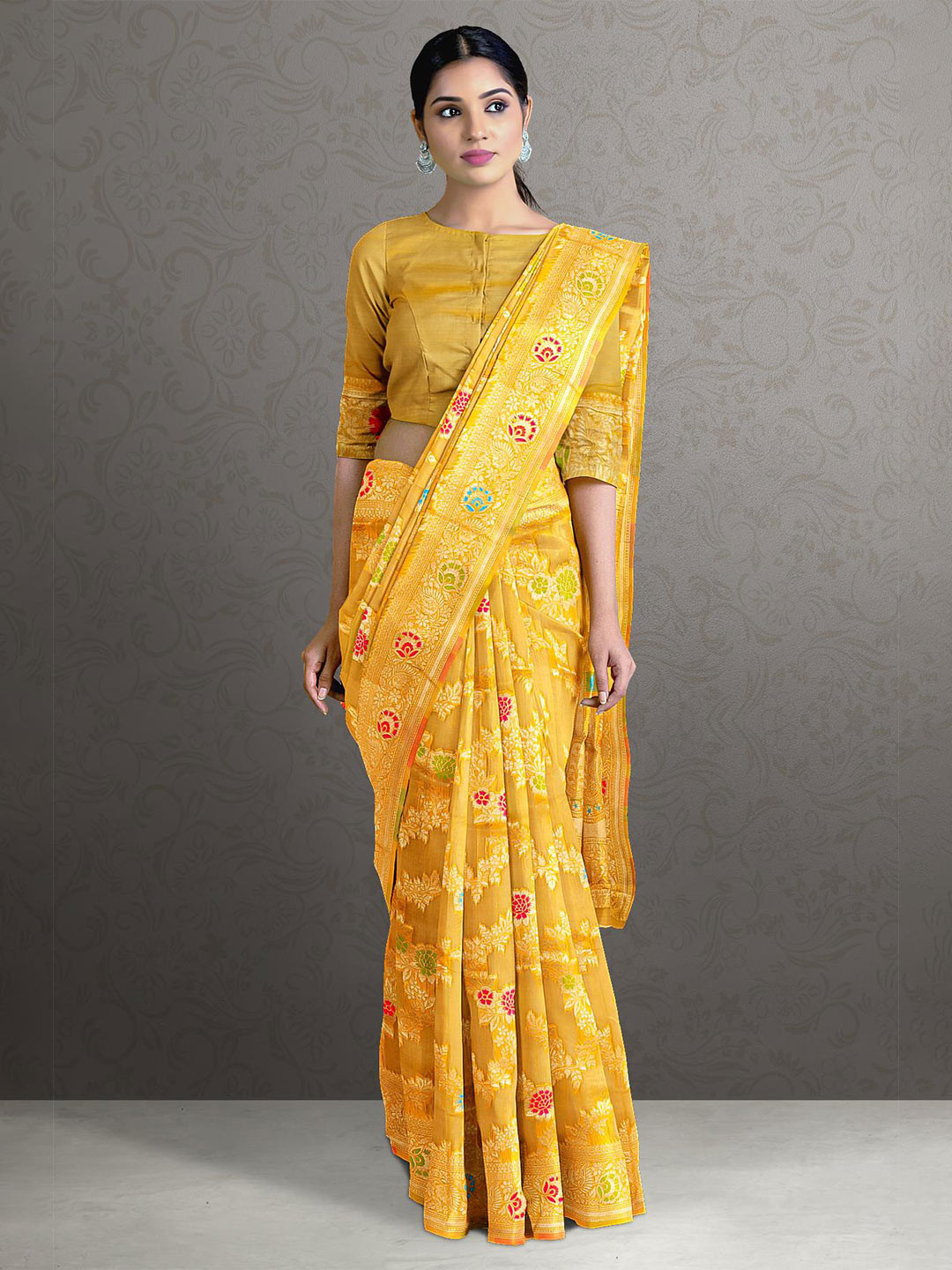

Kalamandir Yellow & Red Floral Zari Silk Blend Saree